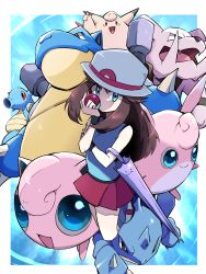 Rule 34 | 1girl, ayo (ayosanri009), black wristband, blastoise, blue eyes, blue shirt, border, brown hair, clefable, closed mouth, commentary request, creatures (company), ditto, game freak, gen 1 pokemon, gen 2 pokemon, granbull, green (pokemon), hat, highres, holding, holding poke ball, horsea, jigglypuff, long hair, looking at viewer, loose socks, nidoqueen, nintendo, pleated skirt, poke ball, poke ball (basic), pokemon, pokemon (creature), pokemon adventures, red skirt, shadow, shirt, shoes, sidelocks, skirt, sleeveless, sleeveless shirt, socks, standing, standing on one leg, umbrella, white border, white headwear, wigglytuff, wristband