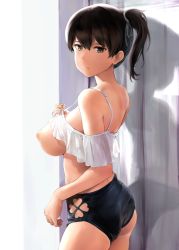 Rule 34 | 1girl, alternate costume, ass, bare shoulders, black shorts, breasts, breasts out, brown eyes, brown hair, closed mouth, clothes lift, clothing cutout, clover print, cowboy shot, crop top, expressionless, from behind, heart cutout, highres, kaga (kancolle), kantai collection, large breasts, looking at viewer, looking back, nipples, no bra, revision, see-through, shirt lift, short hair, short shorts, shorts, side ponytail, solo, strap gap, wa (genryusui), wooden wall