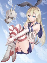 Rule 34 | 10s, 1girl, alternate eye color, anchor, aqua eyes, bad id, bad pixiv id, bare shoulders, black panties, blonde hair, blush, elbow gloves, gloves, hair ornament, kantai collection, long hair, navel, panties, pantyshot, personification, ray-akila, rensouhou-chan, sailor collar, shimakaze (kancolle), skirt, smile, solo, striped clothes, striped thighhighs, thighhighs, underwear, upskirt, white gloves
