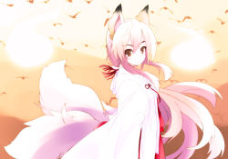 Rule 34 | 1girl, animal ears, colorized, female focus, fox ears, gradient background, japanese clothes, multiple tails, original, outdoors, sky, smile, solo, tail, yume shokunin