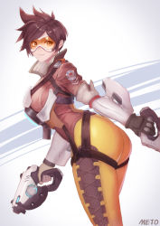 Rule 34 | 1girl, artist name, ass, black hair, bodysuit, bomber jacket, breasts, brown eyes, brown hair, brown jacket, closed mouth, cowboy shot, cross-laced clothes, dual wielding, ear piercing, emblem, finger on trigger, gloves, glowing, goggles, gun, handgun, hexagon, holding, jacket, leaning forward, light smile, looking at viewer, looking back, medium breasts, meto31, overwatch, overwatch 1, piercing, short hair, skindentation, smile, solo, spiked hair, standing, tracer (overwatch), weapon