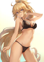 Rule 34 | 1girl, arm up, bare shoulders, bespectacled, black-framed eyewear, black panties, blonde hair, blue eyes, blush, breasts, cleavage, closed mouth, collarbone, commentary request, fate/grand order, fate (series), floral print, glasses, gradient background, grin, hair between eyes, hand up, highres, jacket, jeanne d&#039;arc (fate), jeanne d&#039;arc (ruler) (fate), jeanne d&#039;arc (swimsuit archer) (fate), jeanne d&#039;arc (swimsuit archer) (second ascension) (fate), large breasts, lingerie, long hair, long sleeves, looking at viewer, mashuu (neko no oyashiro), navel, open mouth, panties, ponytail, simple background, skindentation, smile, solo, standing, string bra, string panties, thighs, underwear, underwear only, very long hair