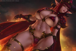 Rule 34 | 1girl, alexstrasza, armor, bikini, bikini armor, breasts, cameltoe, cape, choker, cleavage, commentary, dutch angle, english commentary, gauntlets, horns, huge breasts, large breasts, limgae, lips, long hair, micro bikini, navel, pointy ears, red hair, solo, standing, swimsuit, underboob, warcraft, world of warcraft, yellow eyes