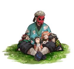Rule 34 | 1girl, 4boys, aged down, black hair, black pants, black socks, brown hair, checkered clothes, closed eyes, cloud print, covered face, crossed ankles, day, demon slayer uniform, facial scar, facing to the side, fatherly, flower, flower wreath, fox mask, full body, gohanha118, grey hair, hand on another&#039;s back, hand on another&#039;s head, haori, head wreath, headpat, highres, holding, holding mask, japanese clothes, kamado tanjirou, kimetsu no yaiba, kimono, kneeling, knees up, lap pillow, leaning forward, leaning on person, leg wrap, long hair, long sleeves, looking at another, makomo (kimetsu), mask, multiple boys, nature, on ground, one eye covered, outstretched arms, pants, pink kimono, profile, red hair, sabito (kimetsu), sandals, scar, scar on cheek, scar on face, scar on forehead, short hair, simple background, sitting, sleeping, sleeping upright, socks, tabi, tengu mask, tomioka giyuu, unworn mask, urokodaki sakonji, white background, white flower, wide sleeves, yokozuwari, zouri