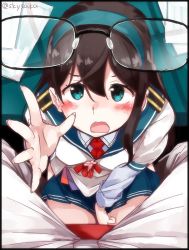 Rule 34 | 10s, 1girl, arm up, armband, artist name, black-framed eyewear, black border, blue skirt, blush, border, brown hair, chair, unworn eyewear, fingernails, flower, foreshortening, glasses, green eyes, hair between eyes, hairband, kantai collection, letter, long hair, long sleeves, looking at viewer, looking up, necktie, on ground, ooyodo (kancolle), pants, pin, pink flower, pleated skirt, pov, pov crotch, reaching, reaching towards viewer, red necktie, red ribbon, ribbon, shirt, sitting, skirt, solo focus, spread fingers, spread legs, suka, table, tareme, thief, twitter username, white pants, white shirt