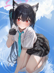 Rule 34 | 1girl, @ @, absurdres, animal ear fluff, animal ears, aqua necktie, aqua ribbon, black gloves, black hair, black skirt, blue archive, cat ears, closed mouth, collar, collared shirt, gloves, hair ribbon, halo, hidulume, highres, kneeling, long hair, looking at viewer, necktie, paw pose, red eyes, ribbon, school uniform, serika (blue archive), shirt, short sleeves, skirt, solo, tearing up, twintails, white collar, white shirt