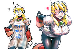 Rule 34 | 1girl, absurdres, alia (mega man), android, bent over, blonde hair, blue eyes, blush, breasts, capcom, gloves, graphite (medium), hand on own hip, headset, heart, heart-shaped pupils, highres, large breasts, leaning forward, long hair, mega man (series), mega man x (series), minster (dooke), one eye closed, open mouth, robot ears, simple background, sketch, smile, solo, symbol-shaped pupils, traditional media, white background, white gloves
