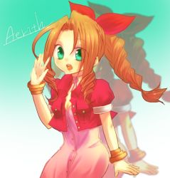 Rule 34 | 1990s (style), 1girl, aerith gainsborough, bracelet, brown hair, dress, female focus, final fantasy, final fantasy vii, gradient background, green eyes, jacket, jewelry, long hair, mocho, open mouth, ponytail, red ribbon, retro artstyle, ribbon, solo, square enix