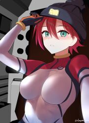 1girl amate_yuzuriha aqua_eyes bodysuit gundam gundam_gquuuuuux hair_between_eyes hat impossible_bodysuit impossible_clothes mecha_pilot_suit red_hair short_hair skin_tight solo