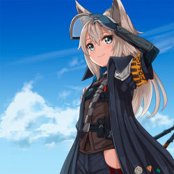 Rule 34 | 1girl, ame., animal ears, arknights, arm up, armband, black coat, black pants, blue eyes, blue gloves, blue sky, brown shirt, closed mouth, cloud, coat, commentary request, day, elbow gloves, eyewear on head, gloves, grani (arknights), grey hair, hair between eyes, highres, long hair, looking away, open clothes, open coat, outdoors, pants, shirt, short sleeves, sky, smile, solo, very long hair, visor, wide sleeves