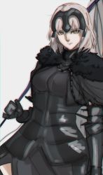 Rule 34 | 1girl, armor, blonde hair, breasts, capelet, chain, code nt, expressionless, fate/grand order, fate (series), fur collar, gauntlets, gorget, hair between eyes, headpiece, highres, jeanne d&#039;arc alter (fate), large breasts, looking to the side, pale skin, solo, standard bearer, white background, yellow eyes