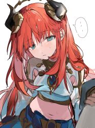 Rule 34 | ..., 1girl, absurdres, blue eyes, blush, breasts, crop top, genshin impact, hair between eyes, harem outfit, highres, horns, korean commentary, long hair, long sleeves, looking at viewer, midriff, nilou (genshin impact), qqkkay, red hair, simple background, small breasts, solo, spoken ellipsis, very long hair, wet, wet hair, white background
