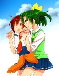 Rule 34 | 10s, 2girls, ;d, clothes around waist, cloud, green eyes, green hair, green necktie, green sweater vest, hino akane (smile precure!), midorikawa nao, multiple girls, necktie, one eye closed, open mouth, ponytail, precure, red eyes, red hair, school uniform, short hair, sky, sleeves rolled up, smile, smile precure!, sweater, sweater around waist, sweater vest, wink, yuzucky