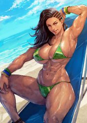 Rule 34 | 1girl, abs, absurdres, alternate breast size, arm up, armpits, asymmetrical hair, beach, beach chair, bikini, black hair, blue skirt, breasts, brown eyes, capcom, cirenk, collarbone, cornrows, dark-skinned female, dark skin, day, dutch angle, hand on own knee, highres, horizon, huge breasts, knee up, laura matsuda, leaning back, lips, long hair, looking at viewer, navel, ocean, outdoors, parted lips, red lips, sand, sitting, skirt, smile, solo, stomach, street fighter, street fighter v, swimsuit, thighs, toned, underboob, water, wristband