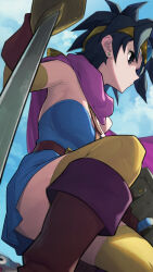 Rule 34 | 1girl, black eyes, black hair, blue sky, boots, breasts, brown footwear, brown gloves, closed mouth, cloud, day, dragon quest, dragon quest iii, gloves, hata4564, headpiece, heroine (dq3), highres, holding, holding sword, holding weapon, kneeling, medium breasts, outdoors, pink scarf, roto (dq3), scarf, short hair, sky, slime (dragon quest), solo, sword, thighhighs, weapon, yellow thighhighs