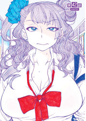 Rule 34 | 1girl, :|, absurdres, blue eyes, bow, bowtie, breasts, classroom, cleavage, closed mouth, eyeshadow, flustered, galko, highres, indoors, large breasts, makeup, official art, oshiete! galko-chan, partially colored, purple theme, raised eyebrow, red bow, red bowtie, solo, suzuki ken&#039;ya, torrent source