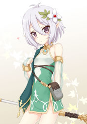 Rule 34 | 1girl, :o, arm behind back, bare shoulders, blush, breasts, bridal gauntlets, brown background, brown eyes, commentary request, detached sleeves, dress, flipper, gradient background, green dress, green sleeves, grey hair, hair between eyes, heart, kokkoro (princess connect!), long sleeves, parted lips, pointy ears, princess connect!, puffy long sleeves, puffy sleeves, see-through, see-through sleeves, sleeveless, sleeveless dress, small breasts, solo, white background
