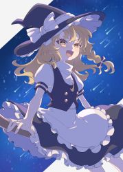 Rule 34 | 1girl, :d, absurdres, apron, black hat, black skirt, black vest, blonde hair, blush, bow, braid, broom, broom riding, commentary request, crescent, crescent pin, e sdss, fingernails, frilled skirt, frills, hair between eyes, hat, hat bow, highres, kirisame marisa, long hair, looking at viewer, open mouth, puffy short sleeves, puffy sleeves, shirt, shooting star, short sleeves, sidelocks, single braid, sitting, skirt, smile, solo, touhou, turtleneck, v-shaped eyebrows, vest, waist apron, white apron, white bow, white shirt, witch hat, yellow eyes