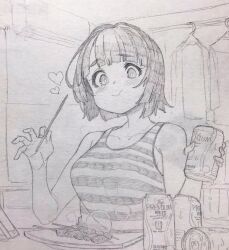 Rule 34 | 1girl, air conditioner, alternate costume, bare shoulders, beer can, blush, bob cut, breasts, can, closed mouth, clothes hanger, collarbone, commentary request, condensation, drink can, eating, food in mouth, graphite (medium), greyscale, heart, highres, holding, holding can, holding skewer, indoors, kyoumachi seika, large breasts, looking at viewer, monochrome, plate, raised eyebrows, short hair, skewer, solo, striped tank top, tank top, toriniku29, traditional media, upper body, voiceroid