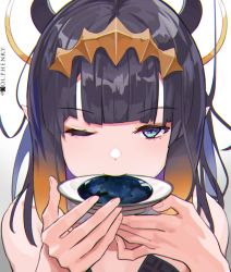 Rule 34 | 1girl, ;), bare shoulders, black hair, blue eyes, blunt bangs, commentary, cup, dolphenry, drinking, english commentary, gradient hair, halo, holding, holding cup, hololive, hololive english, looking at viewer, multicolored hair, ninomae ina&#039;nis, one eye closed, orange hair, pointy ears, simple background, smile, solo, tentacle hair, upper body, virtual youtuber, white background