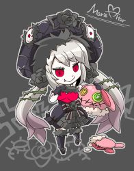 Rule 34 | 1girl, artist request, black rose, dark persona, dress, fang, fate/grand order, fate (series), flower, hat, lolita fashion, marie antoinette (fate), plant, reflection, rose, silver hair, slit pupils, smile, solo, stuffed animal, stuffed rabbit, stuffed toy, twintails, vines