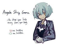 Rule 34 | 1girl, angela (project moon), black vest, blue hair, blue jacket, closed mouth, coco (556ch0cl8), collared shirt, commentary, english text, formal, gloves, hair between eyes, highres, jacket, library of ruina, meme, open clothes, open jacket, project moon, shirt, short hair, simple background, smile, solo, twitter strip game (meme), vest, white background, white gloves, white shirt, yellow eyes