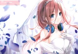 Rule 34 | 1girl, absurdres, artist name, blue eyes, blush, breasts, bridal veil, brown hair, cleavage, closed mouth, dated, dress, go-toubun no hanayome, gradient background, hair between eyes, hand on own chest, headphones, highres, huge filesize, karory, long hair, looking at viewer, medium breasts, nakano miku, petals, scan, simple background, smile, solo, strapless, strapless dress, upper body, veil, wedding dress, white background, white dress
