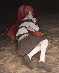 Rule 34 | 1girl, ass, black dress, brown footwear, child, dress, eris greyrat, closed eyes, female focus, frilled dress, frills, full body, hairband, hand to own mouth, highres, jacket, long hair, long sleeves, lying, matanuki, mushoku tensei, on side, pantyhose, red hair, shoes, simple background, sleeping, solo, very long hair, white jacket, white pantyhose