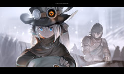 Rule 34 | 1boy, 1girl, black eyes, black hat, blue eyes, blush, closed mouth, hat, highres, letterboxed, long hair, looking at another, looking away, original, parted lips, pixiv fantasia, pixiv fantasia revenge of the darkness, short hair, smile, steampunk, white hair, yuushoku
