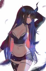 Rule 34 | 1girl, arm behind head, arm up, asymmetrical horns, black hair, black jacket, black shorts, black tank top, black thighhighs, blue hair, blush, breasts, cleavage, closed mouth, colored inner hair, commentary, cowboy shot, crossed legs, demon horns, english commentary, expressionless, feathers, highres, hololive, hololive english, horn flower, horns, jacket, large breasts, long hair, looking at viewer, midriff, multicolored hair, nerissa ravencroft, red eyes, s7nsles, short shorts, shorts, sideways glance, simple background, single thighhigh, solo, standing, tank top, thigh strap, thighhighs, torn clothes, torn shorts, torn thighhighs, uneven horns, virtual youtuber, watson cross, white background