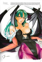 Rule 34 | 1girl, artist name, bare shoulders, bat wings, breasts, bridal gauntlets, capcom, cleavage, collarbone, covered navel, demon girl, elbow gloves, english text, feather trim, gloves, green eyes, green hair, hair between eyes, head tilt, head wings, highleg, highleg leotard, highres, large breasts, leotard, looking at viewer, morrigan aensland, murata yuusuke, official art, page number, pantyhose, parted bangs, parted lips, photo (medium), purple pantyhose, scan, signature, simple background, solo, vampire (game), white background, wings