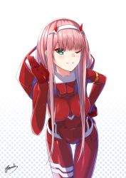 Rule 34 | 10s, 1girl, ;d, absurdres, bee doushi, blunt bangs, blush, bodysuit, breasts, cowboy shot, darling in the franxx, foreshortening, gradient background, grin, hairband, hand on own hip, hand up, hanging breasts, highres, horns, leaning forward, long hair, looking at viewer, medium breasts, one eye closed, open mouth, pink hair, polka dot, polka dot background, red bodysuit, sidelocks, signature, skin tight, smile, solo, standing, straight hair, teeth, thigh gap, tsurime, white background, white hairband, zero two (darling in the franxx)