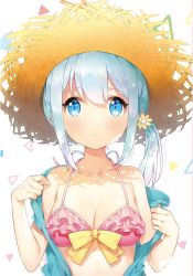 Rule 34 | 10s, 1girl, :o, alternate hairstyle, artist name, ayami (annahibi), bikini, blue eyes, blush, bow, bow bikini, breasts, cleavage, closed mouth, collarbone, eromanga sensei, expressionless, flower, frilled bikini, frills, front-tie bikini top, front-tie top, hair flower, hair ornament, halterneck, hat, heart, izumi sagiri, looking at viewer, medium breasts, off shoulder, open clothes, parted lips, pink bikini, side ponytail, silver hair, simple background, solo, straw hat, swimsuit, tareme, upper body