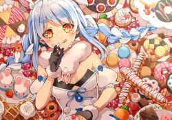 Rule 34 | 1girl, animal ear fluff, animal ears, arm cuffs, black gloves, black leotard, blue hair, blush, braid, breasts, cake, candy, carrot hair ornament, checkered floor, chocolate, cleavage, closed mouth, coat, commentary, cookie, cream, cream on face, cupcake, don-chan (usada pekora), doughnut, eclair (food), food, food-themed hair ornament, food on face, from above, fruit, fur-trimmed gloves, fur scarf, fur trim, gloves, hair ornament, highres, hololive, icing, leotard, licking lips, light blue hair, long hair, looking at viewer, lying, macaron, medium breasts, multicolored hair, off-shoulder coat, off shoulder, on back, orange eyes, pastry box, playboy bunny, rabbit ears, rabbit girl, smile, solo, strawberry, symbol-shaped pupils, thick eyebrows, thumbprint cookie, tongue, tongue out, twin braids, twintails, two-tone hair, upper body, usada pekora, usada pekora (1st costume), virtual youtuber, waffle, white coat, white hair, yatsubo