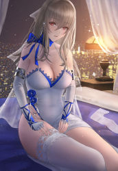 Rule 34 | 1girl, absurdres, asymmetrical legwear, azur lane, bedside, blue bow, bow, breasts, city lights, cityscape, cleavage, dress, elbow gloves, fingerless gloves, gloves, grey hair, highres, lamp, large breasts, long hair, mole, mole under eye, red eyes, saint-louis (azur lane), saint-louis (holy knight&#039;s resplendence) (azur lane), saint-louis (holy knight&#039;s resplendence) (azur lane), single thighhigh, skyline, thighhigh removed, thighhighs, uneven legwear, white dress, white thighhighs, window, you (yoyou)