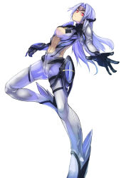 Rule 34 | 00s, 1girl, android, blue hair, breasts, center opening, cleavage, foreshortening, highres, koruse, kos-mos, kos-mos ver. 3, leg up, long hair, looking at viewer, outstretched arm, red eyes, solo, standing, standing on one leg, white background, xenosaga, xenosaga episode ii, xenosaga episode iii