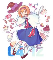 Rule 34 | 1girl, @ @, alice margatroid, black headwear, blue dress, bow, broken heart, brown footwear, butter, cake, candy, capelet, checkerboard cookie, cherry, chocolate, chocolate cake, chocolate heart, collared capelet, commentary, cookie, cookie (touhou), dress, flower, food, fork, frilled capelet, frilled dress, frilled neckwear, frilled sash, frills, fruit, full body, hairband, hat, hat bow, heart, highres, hinase (cookie), hita (hizokuseikogeki), ice cream, knife, lollipop, long hair, looking at viewer, mary janes, necktie, open mouth, orange eyes, orange hair, pancake, pie, plate, pudding, purple bow, red necktie, red sash, sash, shoes, short hair, smile, socks, solo, spoon, strawberry shortcake, touhou, transparent background, vanilla, white capelet, white socks, witch hat, wrapped candy
