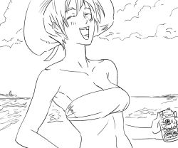 Rule 34 | 1girl, bad id, bare shoulders, bb (baalbuddy), beach, beer can, breasts, can, cleavage, closed eyes, drink can, greyscale, hat, inactive account, laughing, love hina, midriff, monochrome, short hair, sketch, solo, strapless, sun hat, tube top, urashima haruka