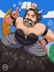 Rule 34 | 1boy, armlet, beard, black dress, black hair, blue sky, bowsette, bowsette (cosplay), bracelet, chest hair, cloud, collarbone, commentary, cosplay, cottonwoodler, crossdressing, crown, day, dress, english commentary, facial hair, fingernails, hand on own hip, hand up, highres, horns, jack black, jewelry, looking at viewer, male focus, mario (series), mustache, new super mario bros. u deluxe, nintendo, outdoors, real life, short hair, sky, solo, spiked armlet, spiked bracelet, spikes, star (symbol), strapless, strapless dress, super crown, the super mario bros. movie, the super mario bros. movie, v