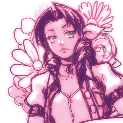 Rule 34 | 1990s (style), 1girl, aerith gainsborough, bad id, bad tumblr id, choker, dress, final fantasy, final fantasy vii, floral background, green eyes, lips, long hair, monochrome, retro artstyle, ribbon choker, robaato, simple background, sketch, solo, spot color, square enix