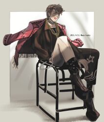 Rule 34 | 1boy, amaguni hitoya, belt chain, black footwear, black shirt, blood, blood on face, boots, brown hair, chain, chain necklace, dated, facial hair, full body, goatee stubble, grey background, high heel boots, high heels, hypnosis mic, jacket, jacket on shoulders, jewelry, long sleeves, looking at viewer, male focus, necklace, pants, pompadour, red nails, shirt, shunkashuntou, sitting, solo, stubble, studded choker, yellow background