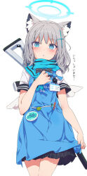 Rule 34 | 1girl, alternate costume, angel&#039;s 24 uniform (blue archive), animal ear fluff, animal ears, apron, aqua scarf, badge, black skirt, blue apron, blue archive, blush, grey hair, gun, gun on back, halo, highres, looking at viewer, name tag, ogipote, plaid, plaid skirt, pleated skirt, scarf, shiroko (blue archive), shirt, short sleeves, simple background, skirt, solo, weapon, weapon on back, white background, white shirt, wolf ears