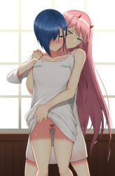 Rule 34 | 10s, 2girls, aqua eyes, assertive female, assisted exposure, bare shoulders, blue hair, blush, bottomless, breasts, clothes lift, darling in the franxx, embarrassed, female pubic hair, green eyes, hair over one eye, half-closed eyes, highres, holding another&#039;s wrist, horns, ichigo (darling in the franxx), indoors, long hair, looking away, medium breasts, multiple girls, no panties, nori gorou, oversized clothes, oversized shirt, pink hair, pubic hair, pussy, seductive smile, shirt, shirt lift, short hair, smile, standing, sweatdrop, tears, uncensored, very long hair, white shirt, window, yuri, zero two (darling in the franxx)