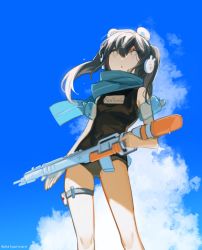 Rule 34 | 1girl, absurdres, black hair, black one-piece swimsuit, blue scarf, chinese commentary, cloud, dong mei (kentung), grey eyes, headphones, highres, holding, holding water gun, inflatable armbands, one-piece swimsuit, original, qia li, scarf, sky, solo, swimsuit, thigh strap, twintails, water gun