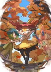 Rule 34 | 2girls, animal ear fluff, animal ears, animal feet, animal nose, arm up, artist name, autumn, autumn leaves, black fur, blue eyes, blue headwear, blue sky, blush, bob cut, body fur, bow, bowtie, braixen, cabbie hat, closed mouth, clothed pokemon, colored skin, cosplay, creatures (company), dappled sunlight, day, dot mouth, dress, ears through headwear, expressionless, fang, female focus, fisheye, flat chest, fox ears, fox girl, fox tail, full body, furry, furry female, game freak, gardevoir, gardevoir (cafe), gen 3 pokemon, gen 6 pokemon, green hair, green skin, hair bow, happy, hat, highres, ikei, lamppost, leaf, light blush, looking at viewer, looking back, maple leaf, multicolored fur, multicolored skin, multiple girls, neck fur, nintendo, one eye closed, open mouth, outdoors, outstretched arms, pink bow, pink bowtie, pocket, pokemon, pokemon (creature), pokemon unite, pokemon xy, porkpie hat, red eyes, red headwear, serena (pokemon), serena (pokemon) (cosplay), short hair, sideways mouth, signature, skin fang, sky, sleeveless, sleeveless dress, smile, standing, sunlight, sylveon, tail, tree, two-tone skin, white fur, white skin, wink, yellow dress, yellow fur
