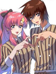 Rule 34 | 1boy, 1girl, blue eyes, bow, brown hair, couple, gundam, gundam cafe, gundam seed, gundam seed freedom, hair bow, hair ornament, hand on another&#039;s waist, heart, heart hands, heart hands duo, highres, kira yamato, lacus clyne, long hair, looking at viewer, matching outfits, official alternate costume, pink hair, ponytail, purple eyes, rrrisyf, very long hair, waiter, waitress