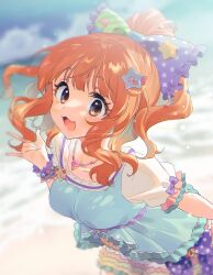Rule 34 | 1girl, :3, beach, blue shirt, blurry, blurry background, brown eyes, brown hair, collarbone, frilled shirt, frills, hair ornament, highres, idolmaster, idolmaster cinderella girls, idolmaster cinderella girls starlight stage, jewelry, kurasaki moroko, layered skirt, long hair, looking at viewer, moroboshi kirari, multicolored clothes, multicolored ribbon, necklace, ocean, open mouth, polka dot, ponytail, ribbon, scrunchie, shirt, short sleeves, skirt, smile, solo, star (symbol), star hair ornament, striped