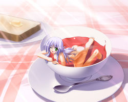 Rule 34 | 1girl, barefoot, bread slice, cup, fairy, feet, food, green eyes, highres, in container, in cup, kazami haruki, mini person, minigirl, one eye closed, purple hair, solo, toast, wings, wink