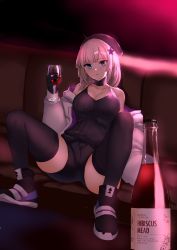 Rule 34 | 1girl, aa-12 (girls&#039; frontline), absurdres, alcohol, blue eyes, bottle, breasts, cleavage, couch, cup, drinking glass, girls&#039; frontline, gloves, grey hair, highres, jacket, molyb, shoes, sneakers, solo, thighhighs, wine, wine bottle, wine glass
