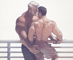 Rule 34 | 2boys, artist name, ass, ass grab, bara, beard, black hair, copyright request, dark-skinned male, dark skin, closed eyes, facial hair, facing another, male focus, multiple boys, muscular, muscular male, old, old man, original, outdoors, railing, shorts, silverjow, standing, topless male, white background, white hair, yaoi